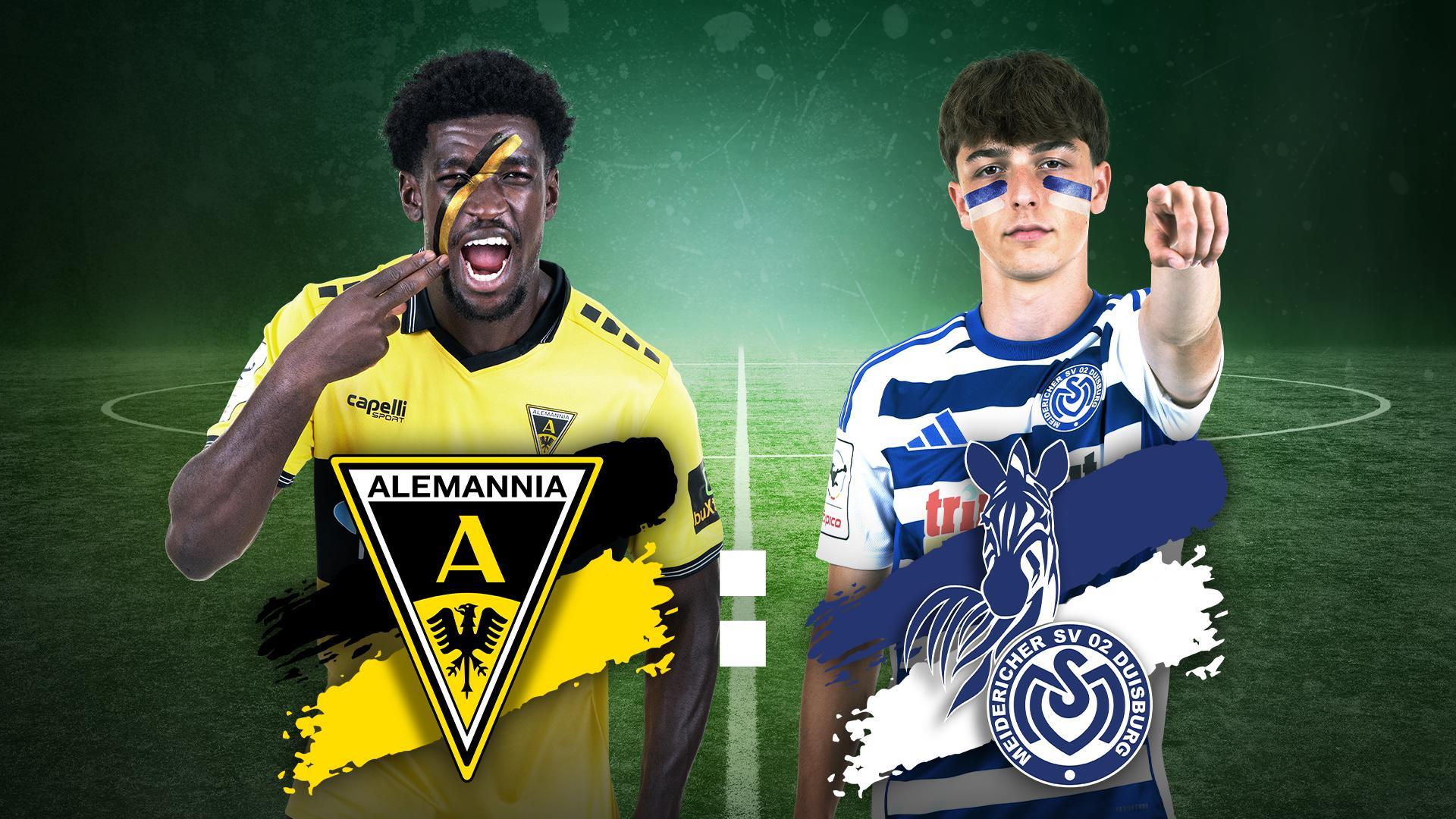 Werbegrafik mit Spielern von Alemannia Aachen und MSV Duisburg mit Vereinslogos.